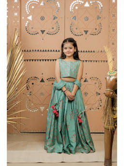 TINY COLOUR - Teal Block Printed Lehenga With Choli And Dupatta