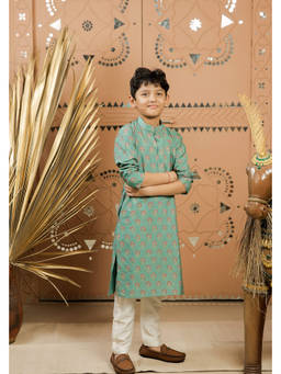 TINY COLOUR - Teal Block Kurta with Pyjama