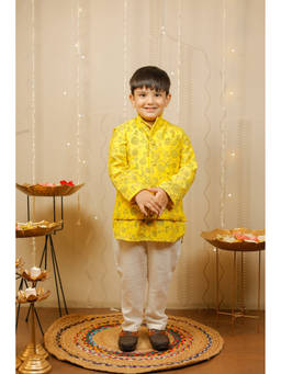 TINY COLOUR - Yellow Kurta with Jacket and Pyjama