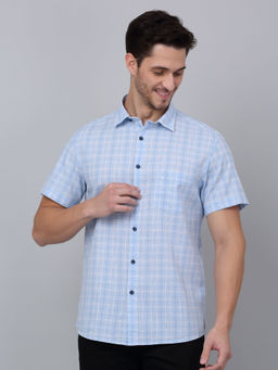 Cantabil - Men Sky Blue Checkered Half Sleeve Shirt