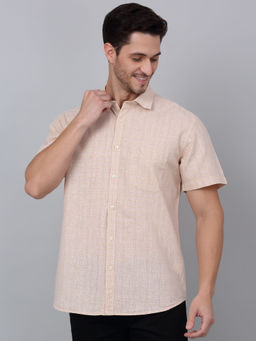 Cantabil - Men Beige Checkered Half Sleeve Shirt