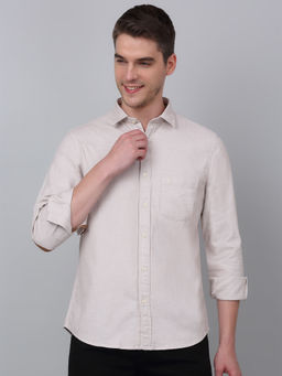 Cantabil - Men Beige Self Design Full Sleeve Shirt