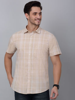 Cantabil - Men Beige Checkered Half Sleeve Shirt