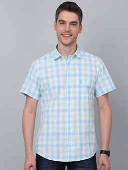 Cantabil - Men Light Green Checkered Half Sleeve Shirt