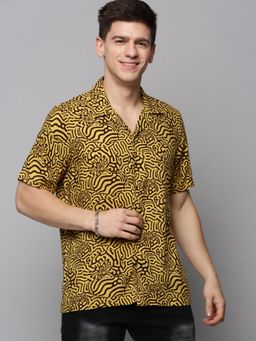 SHOWOFF - Mens Cuban Collar Yellow Printed Shirt