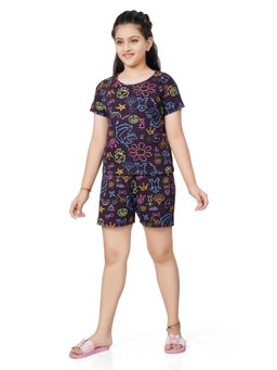 Ninos Dreams - Girls Violet Abstract Print T-shirt with Shorts (Set of 2)