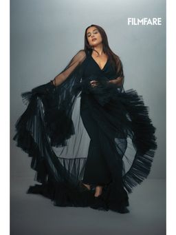 Nirmooha - Bespoke Carbon Net Ruffle Cape Maxi Dress