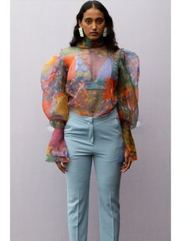 Nirmooha - Multi-Geo Organza Printed Voluminous Sleeve Top