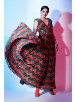 Nirmooha - Orange and Green Hand-Embroidered Dress Maxi