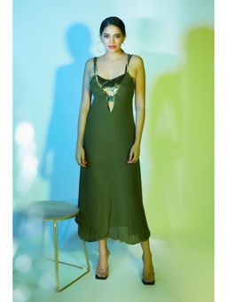 Nirmooha - Olive Green Crepe Slip Dress