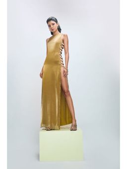 Nirmooha - Gold Gown with Side Chain and Pearl Detailing