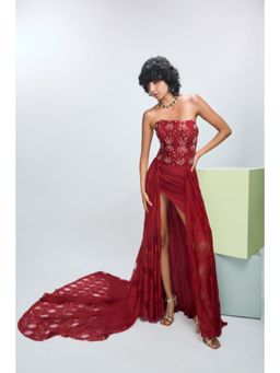 Nirmooha - Hand Embroidered Asymmetrical Dress with Trail