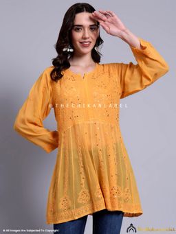 The Chikan Label - Drashi Viscose Chikankari Yellow Peplum Top