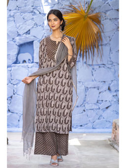 NAVYAS FASHION - Bagru Grey Kurta with Pant and Dupatta (Set of 3)