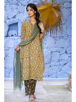 NAVYAS FASHION - Mustard Bagru Kurta (Set of 3)