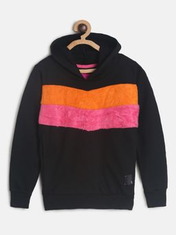 Tales & Stories - Girls Black Cotton Poly Applique Sweatshirt with Hood