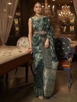 Akhilam - Womens Silk Blend Teal Green Woven Designer Saree with Unstitched Blouse