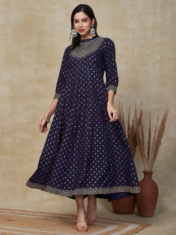 FASHOR - Printed Zari Embroidered Anarkali Maxi Dress - Navy Blue