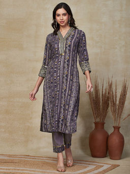 FASHOR - Ethnic Stripes Printed Kurta With Pant - Purple (Set of 2)