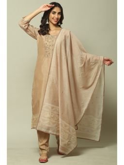 Biba - Beige Silk Blend Unstitched Suit (Set of 3)