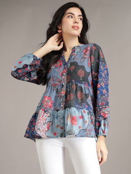 Xpose - Women Blue Boho Printed Puff Sleeves Gathered Mandarin Neck Top