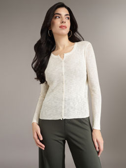 Xpose - Women Off-White Band Collar Pure Acrylic Top