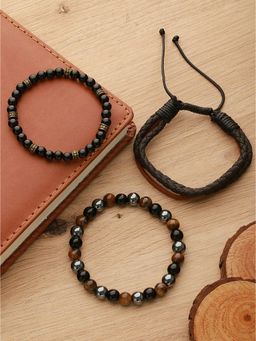 Aatmana - Men Brown and Black Elasticated Semi Beaded bracelet Set of 3
