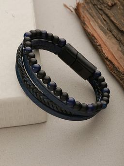 Aatmana - Men Navy Blue and Black Leather Wraparound Bracelet