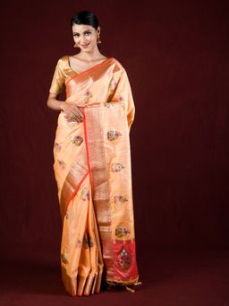 EXCLUSIVA - Orange Soft Tussar Silk Saree Meenakari Weaving with Unstitched Blouse