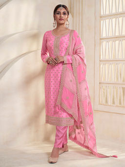 Seerat - Pink Embroidery Silk Straight Kurta with Pants and Embroidery Dupatta (Set of 3)