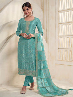 Seerat - Blue Embroidery Silk Straight Kurta with Pants and Embroidery Dupatta (Set of 3)