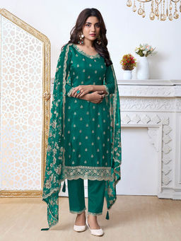 Seerat - Green Embroidery Silk Straight Kurta with Pants and Printed Dupatta (Set of 3)