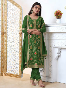 Seerat - Green Meena Jacquard Kurti with Dupatta and Pants (Set of 3)