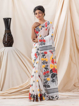 Angoshobha - Traditional Off White Floral Soft Dhakai Jamdani Saree with Unstitched Blouse