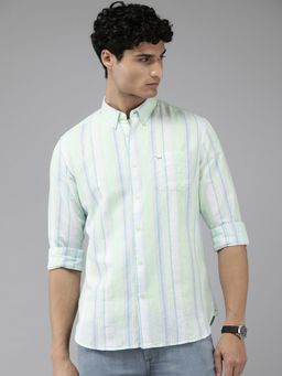 The Bear House - Men Green Vertical Striped Slim Fit Cotton Linen Casual Shirt