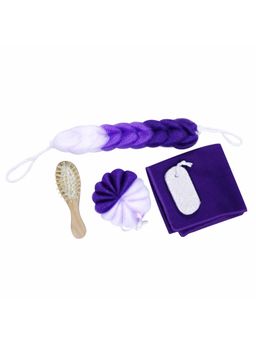 EZ Life - 5 Pcs Spa Bath Hamper Set Purple Loofah, Scrubber, Brush, Pumice Stone & Napkin