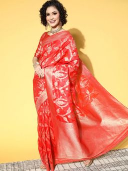 Odette - Organza Red Woven Designer Saree with Unstitched Blouse