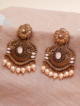 Karatcart - Gold Plated Handcrafted Pink Stone Studded Dangler Earrings for Women