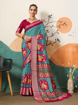 Gahan - Blue Dolla Silk Patola Printed Saree with Unstitched Blouse