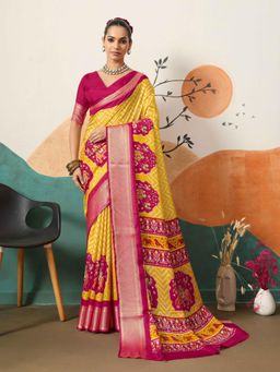 Gahan - Yellow Dolla Silk Patola Printed Saree with Unstitched Blouse
