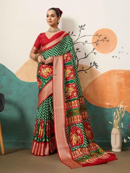 Gahan - Green Dolla Silk Patola Printed Saree with Unstitched Blouse