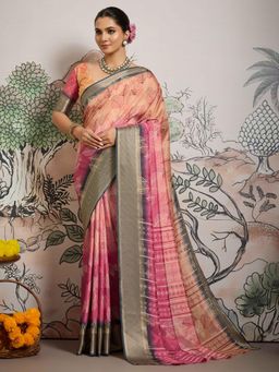 Gahan - Peach Dolla Silk Leave Printed Saree with Unstitched Blouse