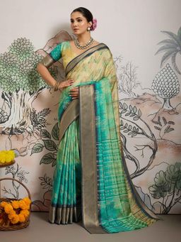 Gahan - Cream Dolla Silk Leave Printed Saree with Unstitched Blouse
