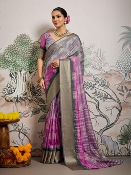 Gahan - Grey Dolla Silk Leave Printed Saree with Unstitched Blouse