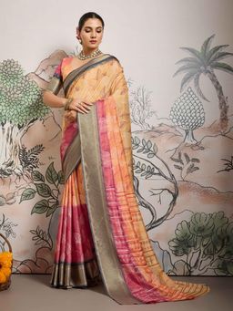 Gahan - Peach Dolla Silk Leave Printed Saree with Unstitched Blouse