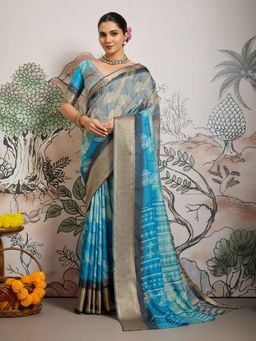 Gahan - Sky Blue Dolla Silk Leave Printed Saree with Unstitched Blouse
