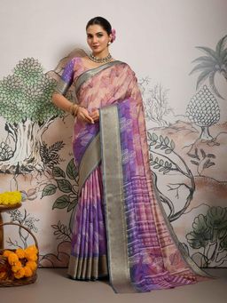 Gahan - Baby Pink Dolla Silk Leave Printed Saree with Unstitched Blouse