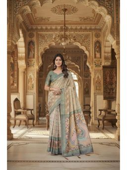 Gahan - Womens Beige Linen Saree with Unstitched Blouse