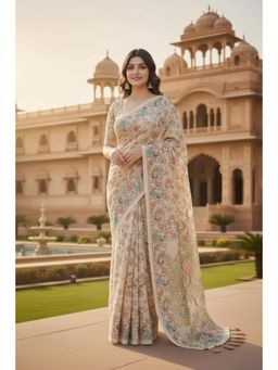 Gahan - Beige Floral Printed Linen Saree with Unstitched Blouse