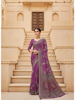 Gahan - Purple Floral Printed Mirror Aari Work Cotton Saree with Unstitched Blouse
